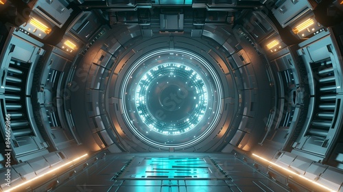 an energy portal set in a high-tech chamber of a spaceship. the metallic doorway serves as an entryway to a futuristic environment, perfect for virtual reality backgrounds.