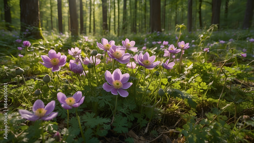 Fototapeta premium Enchanting forest scene with delicate pink wildflowers bathed in soft sunlight