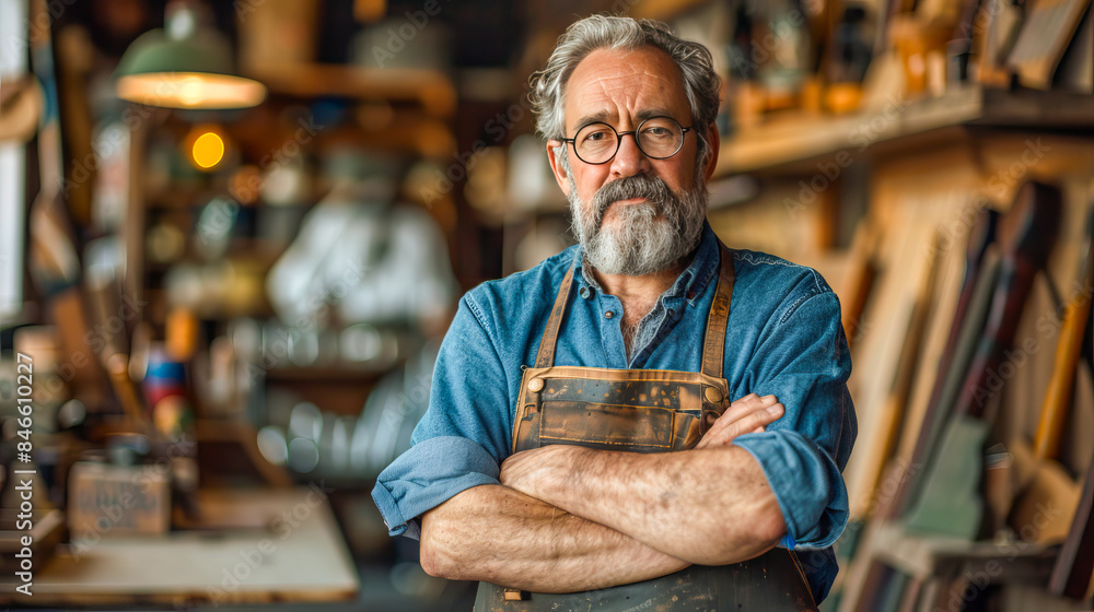 Mature male entrepreneur with a beard stands proudly in his creative workshop Mature male entrepreneur with a beard stands proudly in his creative workshop