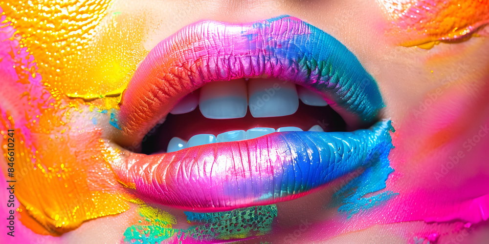 a close up view of vibrant paint splatters on a person s lips this striking image captures the colorful and artistic expression of makeup artistry perfect for beauty blogs fashion a close up view of vibrant paint splatters on a person s lips this striking image captures the colorful and artistic expression of makeup artistry perfect for beauty blogs fashion