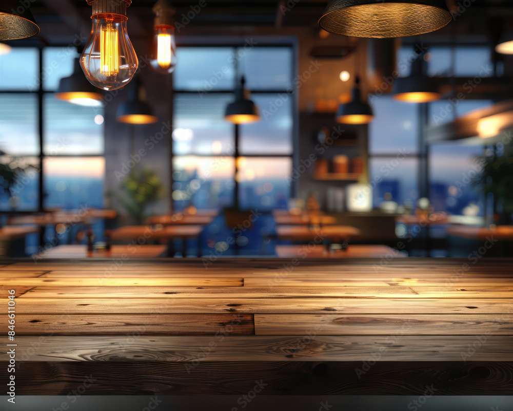 Cozy Evening in a Modern Industrial Cafe with Warm Lighting and Urban Cityscape View from Large Windows Highlighting Rustic Wood Table and Comfortable Seating Cozy Evening in a Modern Industrial Cafe with Warm Lighting and Urban Cityscape View from Large Windows Highlighting Rustic Wood Table and Comfortable Seating