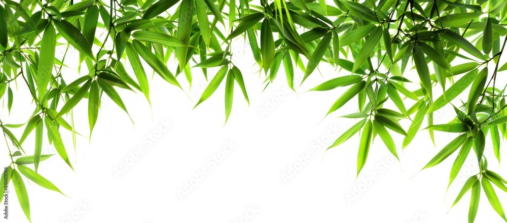 Naklejka premium Sleek white background complemented by a bamboo leaf motif in the top right corner, evoking a sense of purity and nature.