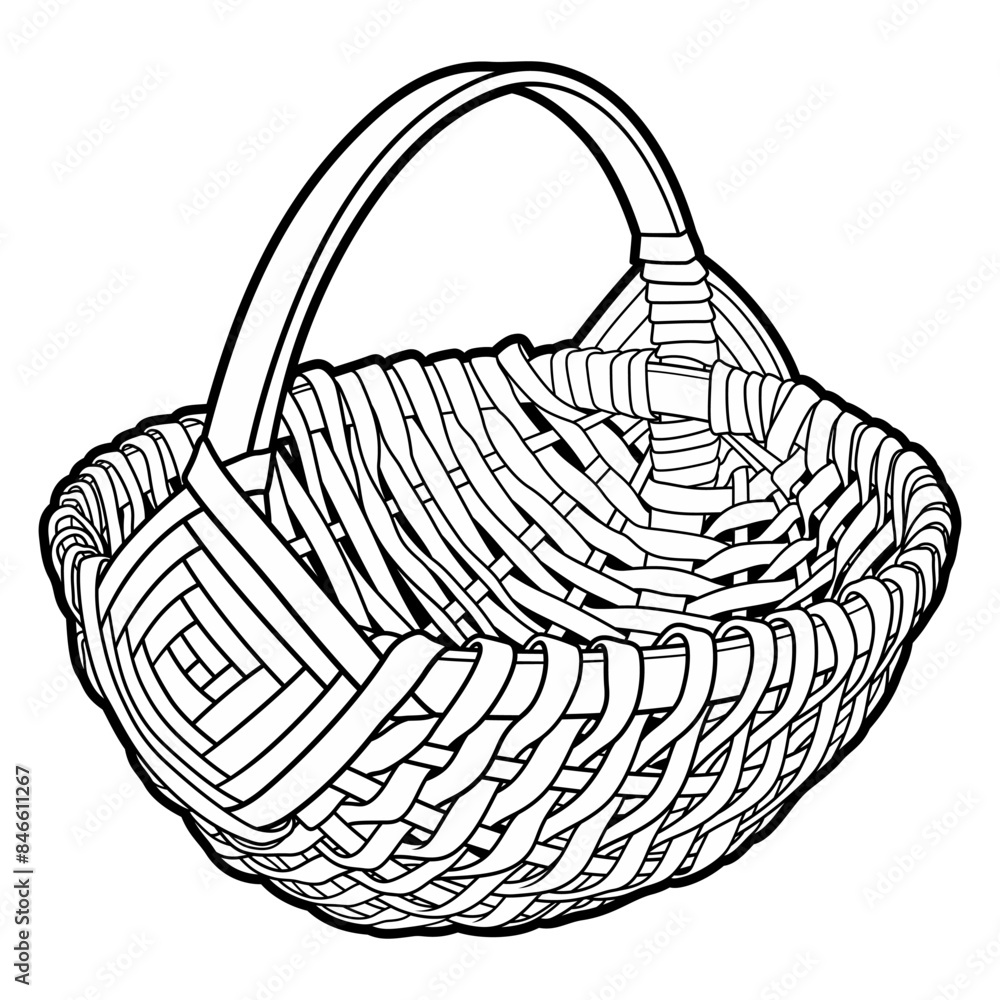 Fototapeta premium Cartoon hand drawn wicker basket isolated on white background. Vector line art doodle illustration