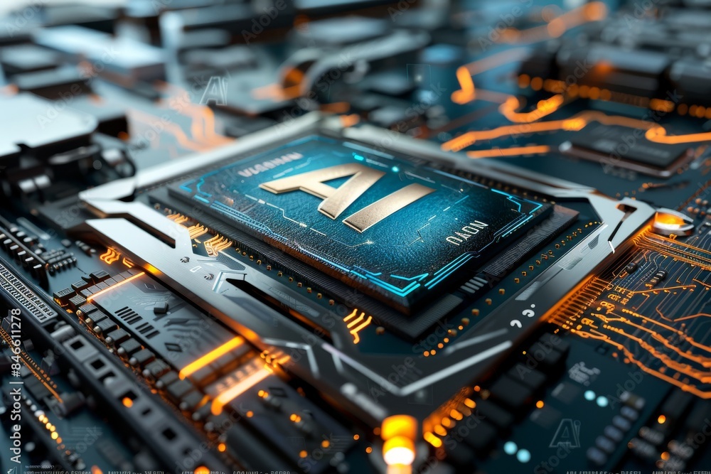 AI microchip with glowing circuits, symbolizing advanced technology, digital innovation, and artificial intelligence in a high tech electronic environment AI microchip with glowing circuits, symbolizing advanced technology, digital innovation, and artificial intelligence in a high tech electronic environment