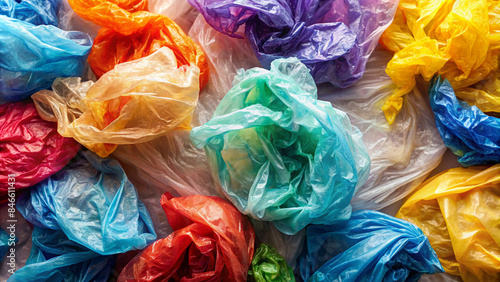 Colorful Plastic Bags Tied in Knots Creating Vibrant Textured Background for Eco-Friendly Concepts. © TESS