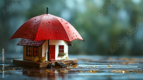 Wallpaper Mural Miniature House Sheltered by Red Umbrella on Rainy Day Torontodigital.ca