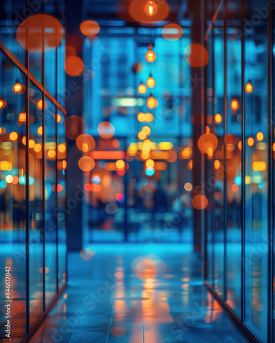 Stunning Urban Nightscape with Vibrant Bokeh Lights, Reflections in Glass Windows, Creating a Beautiful and Artistic Cityscape Atmosphere