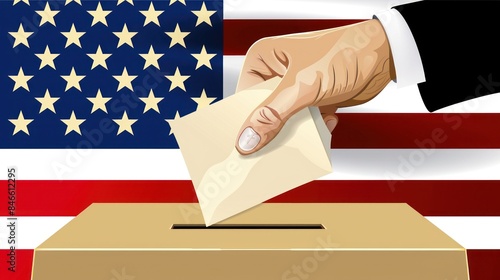 A hand casts a ballot into a ballot box in front of the American flag