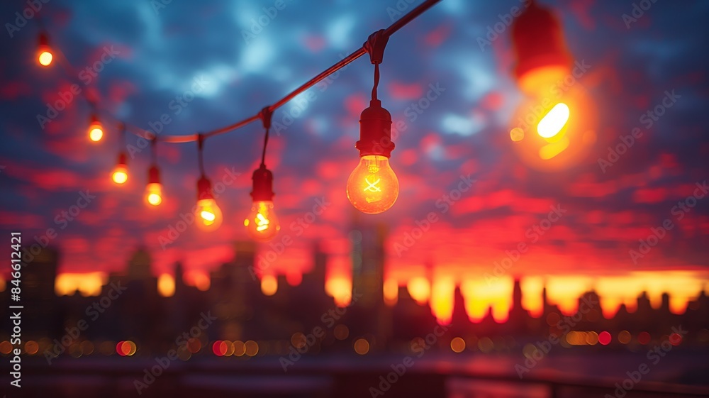 Cityscape Sunset with String Lights Illuminating the Twilight Sky Cityscape Sunset with String Lights Illuminating the Twilight Sky