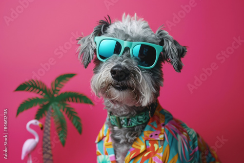 Dog with sunglasses in a tropical shirt against a pink background. © Mirador