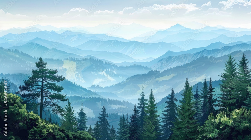 Pine trees blanket the slopes of mountains Pine trees blanket the slopes of mountains