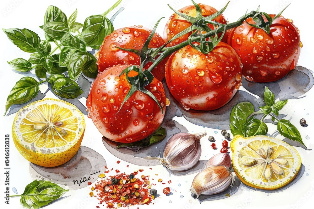 Tomatoes and seasoning on the chopping board Tomatoes and seasoning on the chopping board