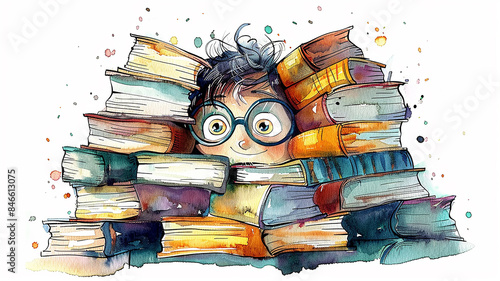 Funny child with glasses peeks out from stacks of books, the concept of education, knowledge, learning photo