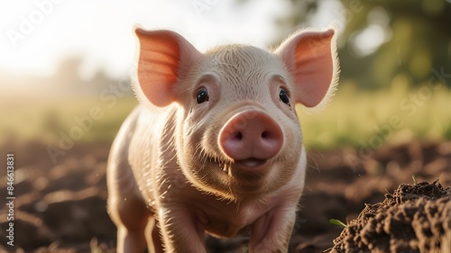 High-resolution close-up of a happy piglet in a farm setting, showing its playful expression and natural environment
