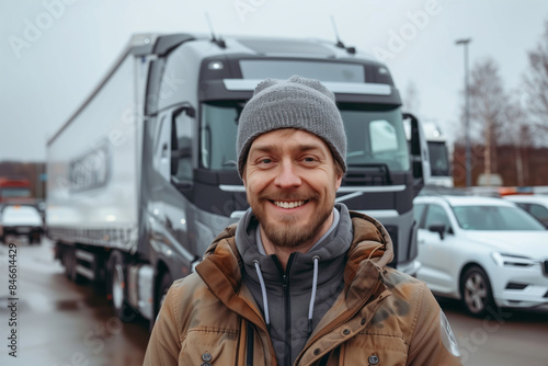 Smiling trucker with his vehicle on a cloudy day. Generative AI image photo