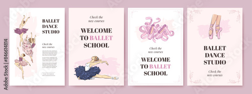 Set of ballet school poster template with hand drawn ballerina, pointe shoes on white background. Ballet studio banner, cover of flyer design. Vector illustration