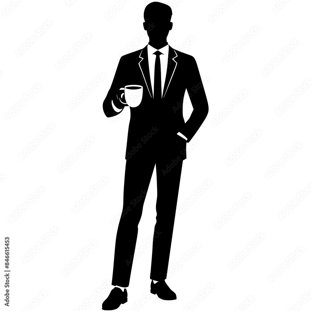 A business man standing in professional attire, holding a cup of tea vector silhouette A business man standing in professional attire, holding a cup of tea vector silhouette