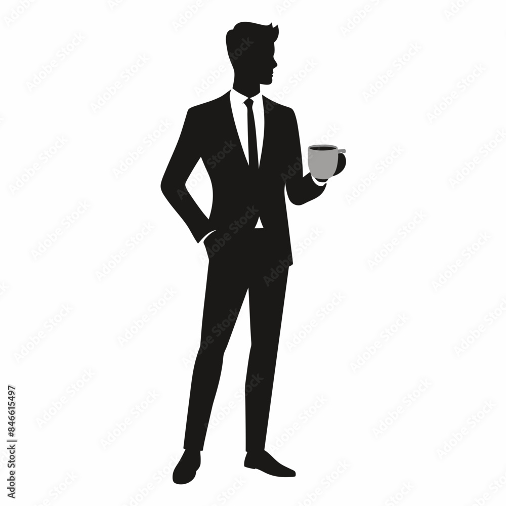 A business man standing in professional attire, holding a cup of tea vector silhouette A business man standing in professional attire, holding a cup of tea vector silhouette