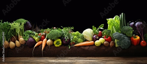 Fruits and vegetables cultivated organically in rich compost with copy space image.