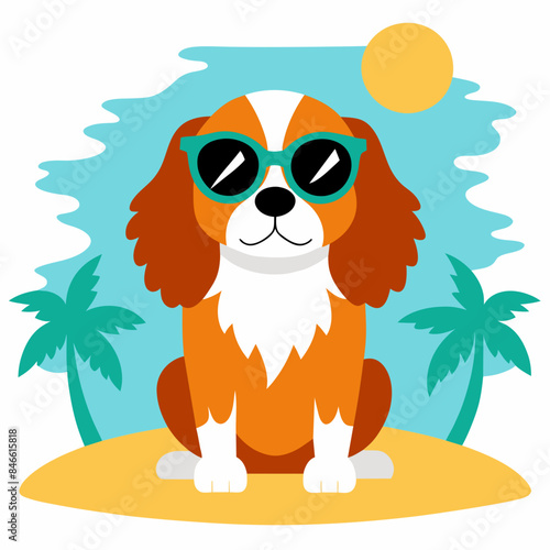 Dog wearing sunglasses sitting by the sea with trees vector illustration 