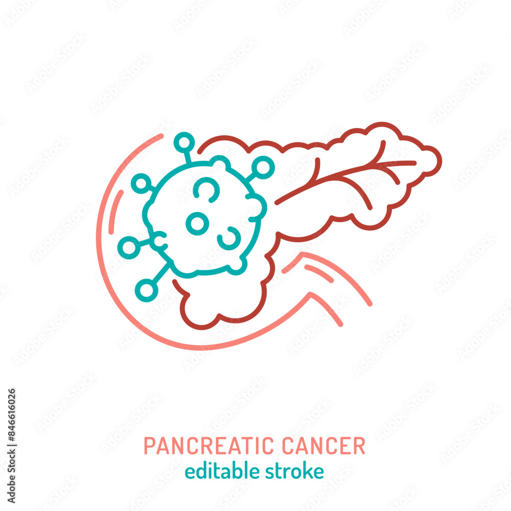 Pancreatic cancer. Oncology linear pictogram. Interdisciplinary medical specialty symbol. Pancreatic cancer. Oncology linear pictogram. Interdisciplinary medical specialty symbol.