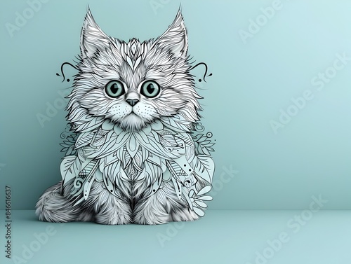 Cute Persian Kitten Sitting with Phone on Pastel Blue Minimalist Background photo