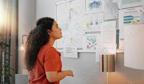 Documents, thinking and wall with business woman in office of startup company for agenda or schedule. Data, pinboard and planning with professional employee in creative workplace for administration