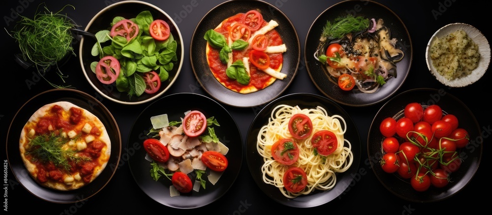 Italian dishes including pizza, pasta, ravioli, caprese salad, and tomato bruschetta are beautifully arranged on plates placed on a black background in a top-view copy space image. Italian dishes including pizza, pasta, ravioli, caprese salad, and tomato bruschetta are beautifully arranged on plates placed on a black background in a top-view copy space image.