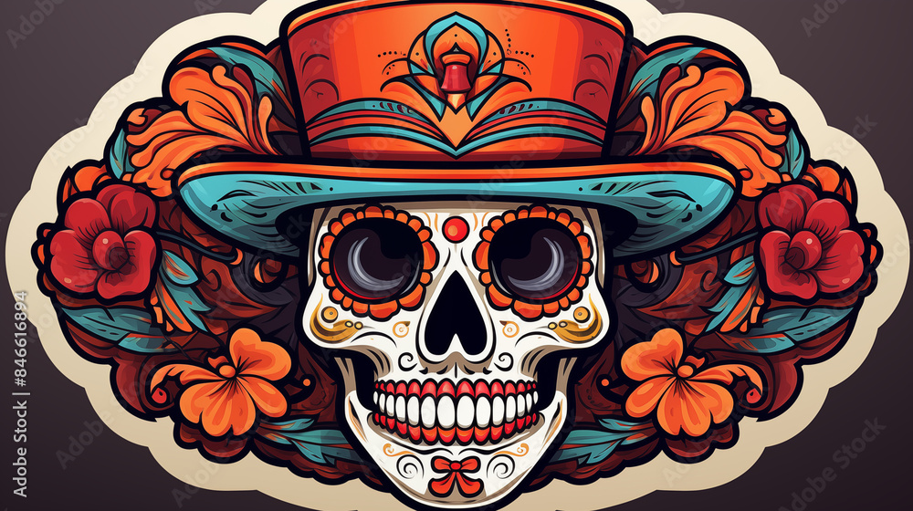 Vibrant Sugar Skull with Hat and Floral Patterns Vibrant Sugar Skull with Hat and Floral Patterns