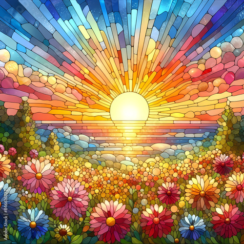 Radiant Dawn Over Floral Valley, Vibrant Stained Glass Style