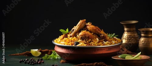 Earthenware filled with chicken dhum biriyani made with jeera rice and spices, accompanied by raitha and lemon pickle, set against a grey background with copy space image. photo