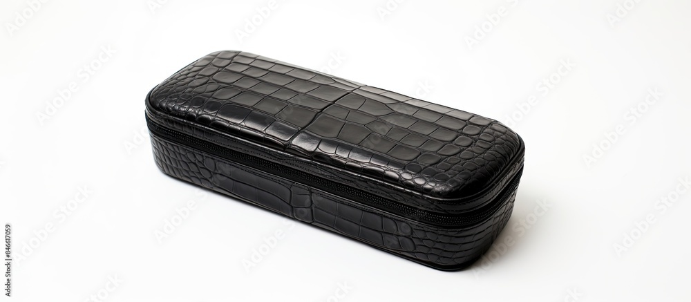 Elegant black crocodile leather manicure case with eco-friendly cloth, perfect for women to store nail kits. Isolated on a white background with copy space image. Elegant black crocodile leather manicure case with eco-friendly cloth, perfect for women to store nail kits. Isolated on a white background with copy space image.