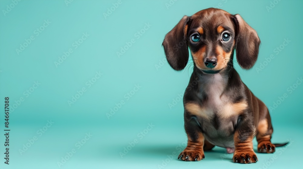 Adorable Dachshund Puppy Sitting on Turquoise Backdrop with Clear Space