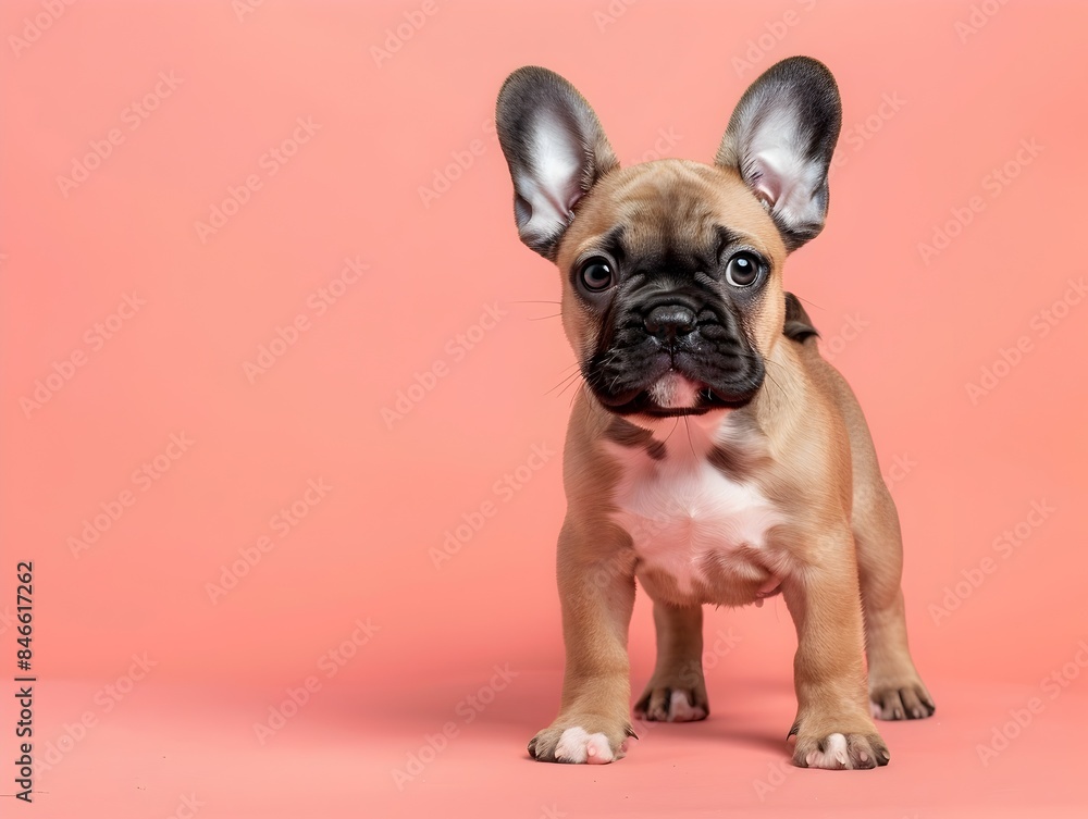 Cute French Bulldog Puppy Standing on Plain Coral Pink Background Cute French Bulldog Puppy Standing on Plain Coral Pink Background