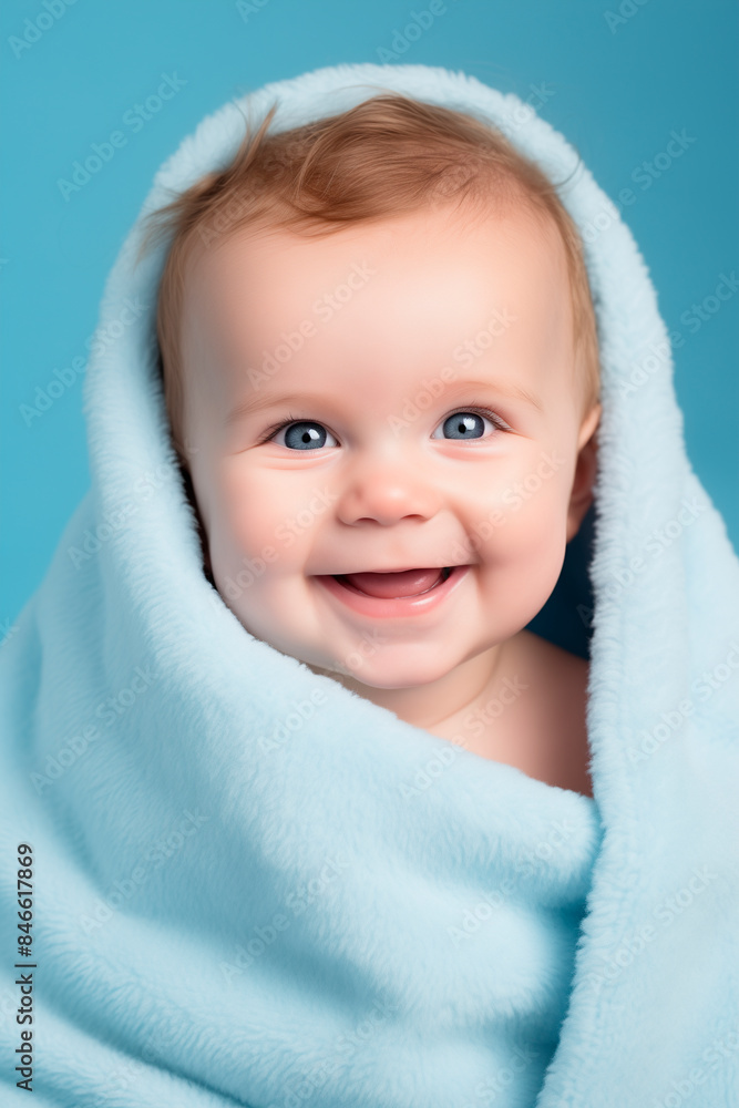 photography of happy smiling baby in light blue plain blanket, studio background photography of happy smiling baby in light blue plain blanket, studio background