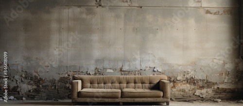 Decayed couch in a deserted building with copy space image. photo