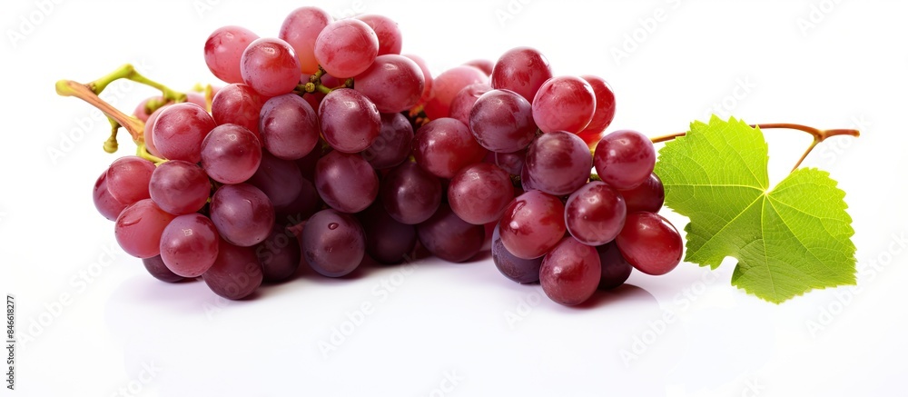 Obraz premium Vibrant red grapes with green leaves isolated on white background, presenting a striking and detailed copy space image.