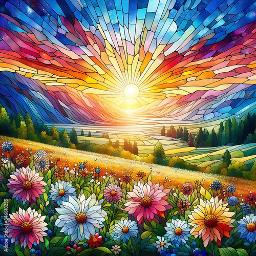 Stained Glass Horizon Sunrise Over Flowering Fields