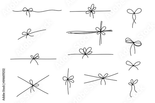 Gift bow for present icons. Ribbon with knot doodle, vector line drawings set. Outline minimal tie sketch isolated on white