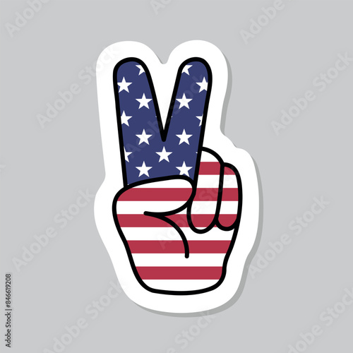 two fingers USA peace sign, V victory gesture in the colors of the American flag, patriotic sign, vector sticker