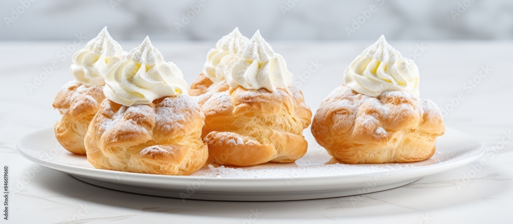 Vanilla and whipped cream-filled cream puffs on a white plate, with copy space image available. Vanilla and whipped cream-filled cream puffs on a white plate, with copy space image available.