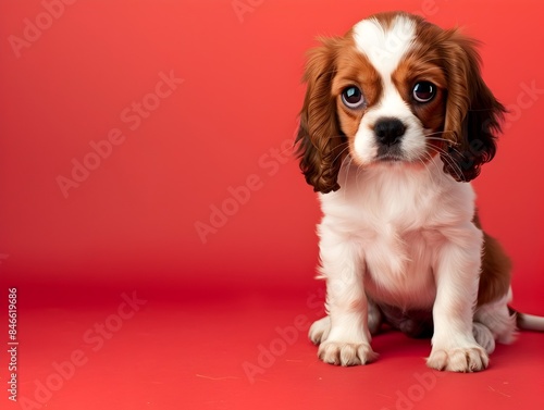 Cute Cavalier King Charles Spaniel Puppy Sitting on Plain Red Background with Clear Space