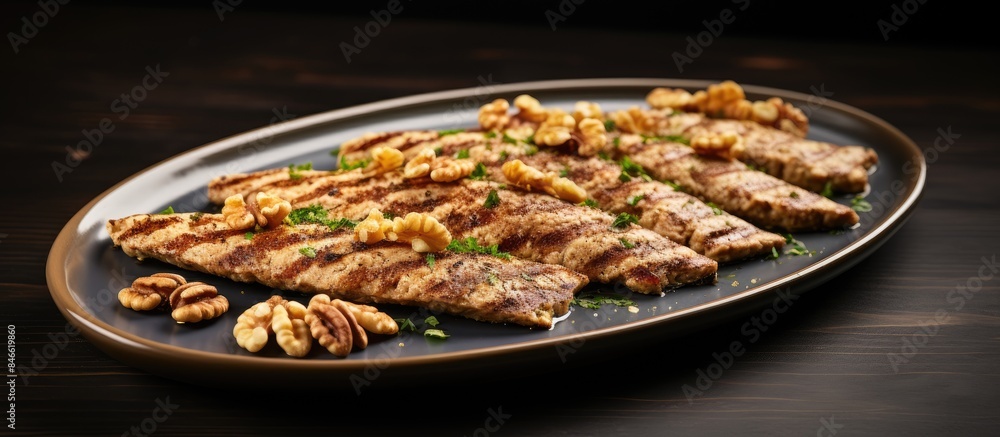 An appetizing plate of grilled kibbeh featuring walnuts on a copy space image. An appetizing plate of grilled kibbeh featuring walnuts on a copy space image.