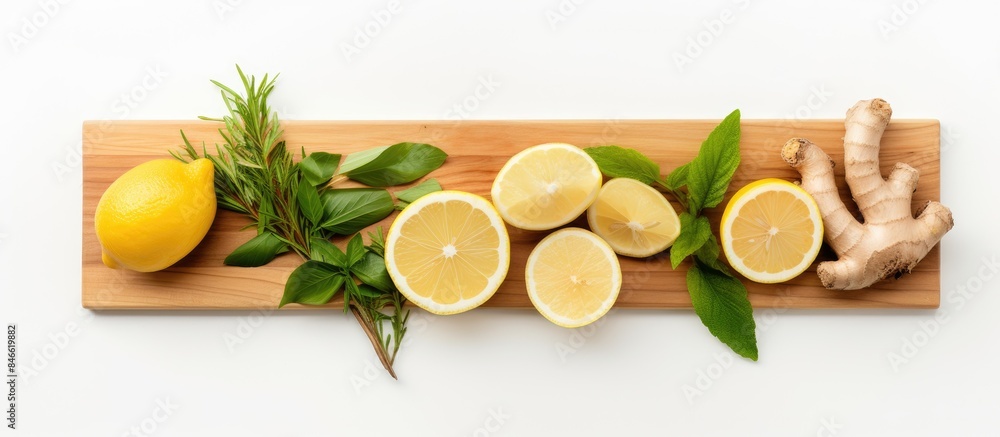 A top view flat lay copy space image featuring fresh lemongrass, lemon, and ginger root on a wooden plate, isolated against a white background, showcasing healthy ingredients for cooking. A top view flat lay copy space image featuring fresh lemongrass, lemon, and ginger root on a wooden plate, isolated against a white background, showcasing healthy ingredients for cooking.
