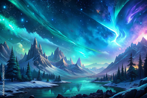 Majestic Northern Lights Over Snow-Capped Mountain Range and Serene River Reflection.