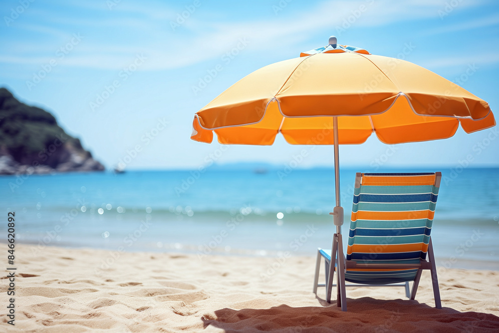 Sunny day at a sandy beach with orange umbrella and chair. Shallow depth of feld Sunny day at a sandy beach with orange umbrella and chair. Shallow depth of feld