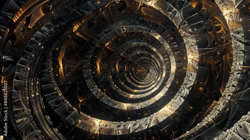 Fototapeta premium Abstract tunnel of concentric rings with intricate patterns and glowing golden highlights, creating a sense of depth and motion