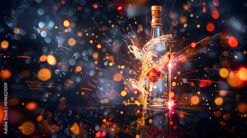Vibrant vodka bottle surrounded by splashes and dynamic lighting. © vijay