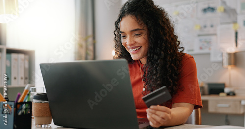 Woman, laptop and banking card for small business, fintech and online transaction with entrepreneur for internet investment. Credit, payment and purchase for agency inventory, ecommerce and office