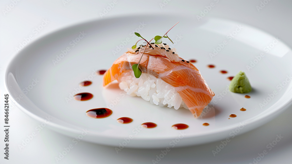 Single Piece of Sushi with Garnish on White Plate Single Piece of Sushi with Garnish on White Plate